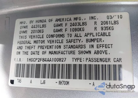 2010 Honda Accord 2.4 Ex-L from USA, damaged, VIN 1HGCP2F84AA100827